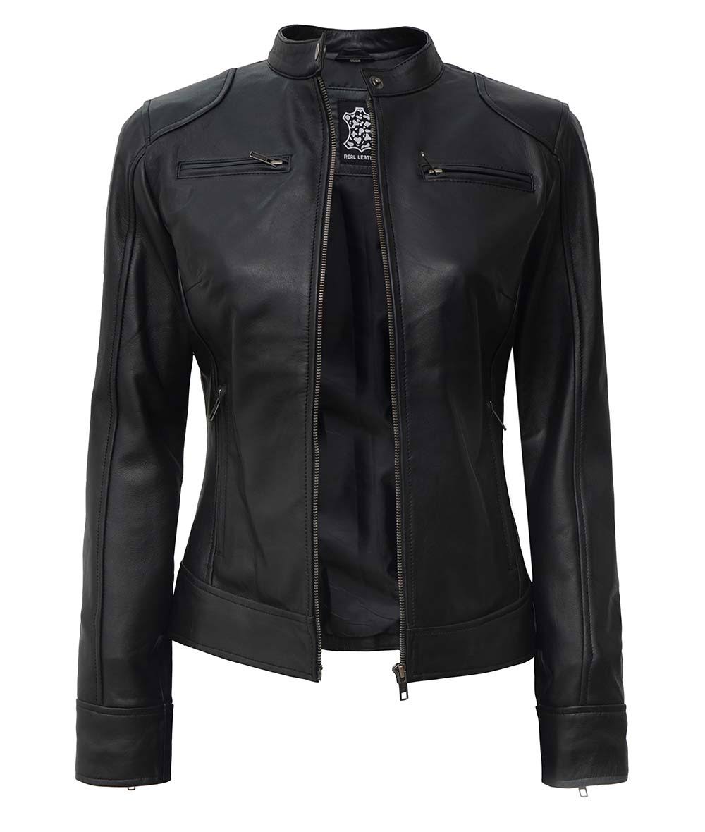 Womens Black Lambskin Leather Moto Jacket Fitted Leather Biker Jacket