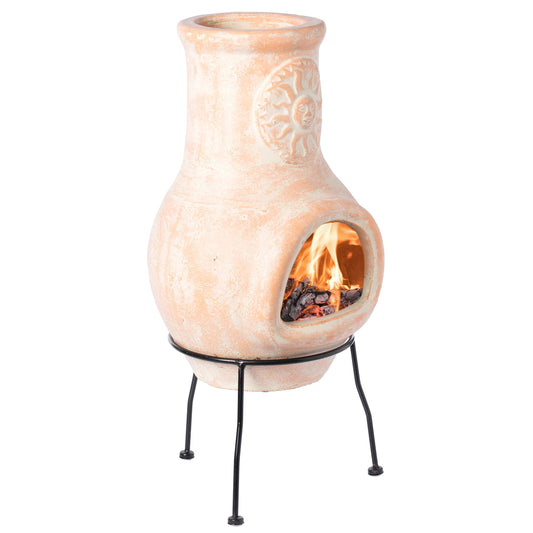 Vintiquewise Beige Outdoor Clay Chimney Outdoor Fireplace Sun Design Charcoal Burning Fire Pit with Sturdy Metal Stand, Barbecue, Cocktail Party