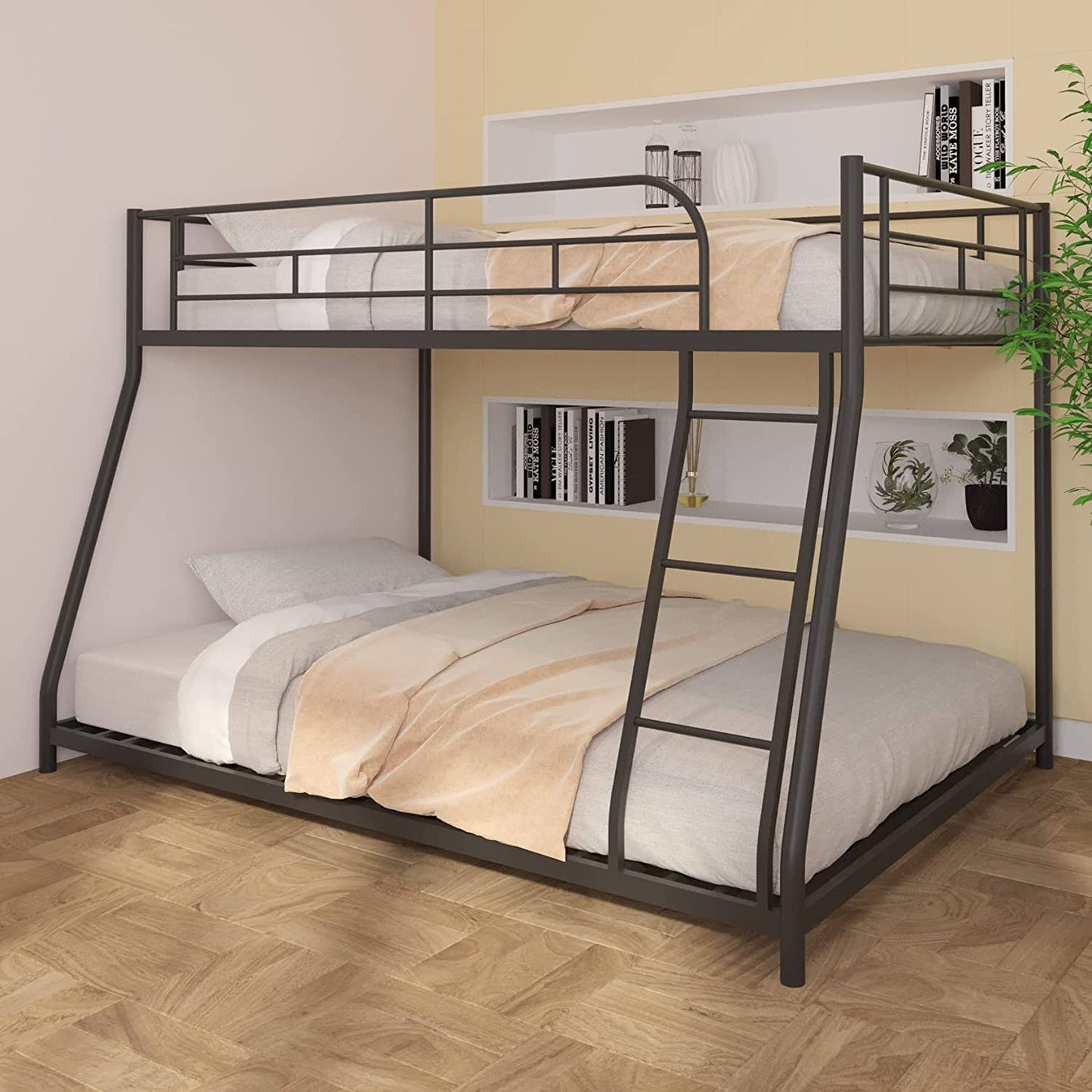 Anwick Bunk Bed,Twin Over Full Metal Bunk Bed,Metal Bunk Bed Twin Over Full with Ladder and Safety Rail,Space-Saving