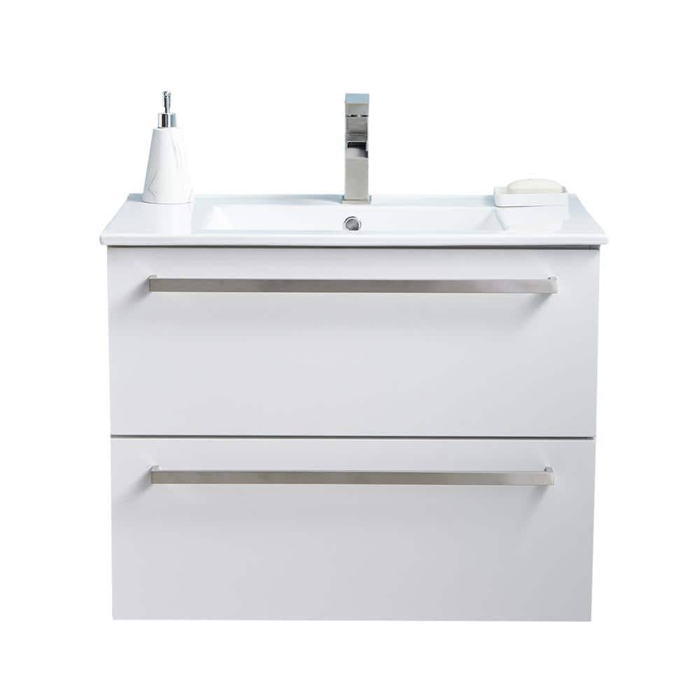 VC CUCINE 30 in. W Floating Bathroom Vanity in Matte White with White Ceramic Top with White Sink