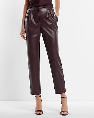 Womens Super High Waisted Faux Leather Pleated Ankle Pant