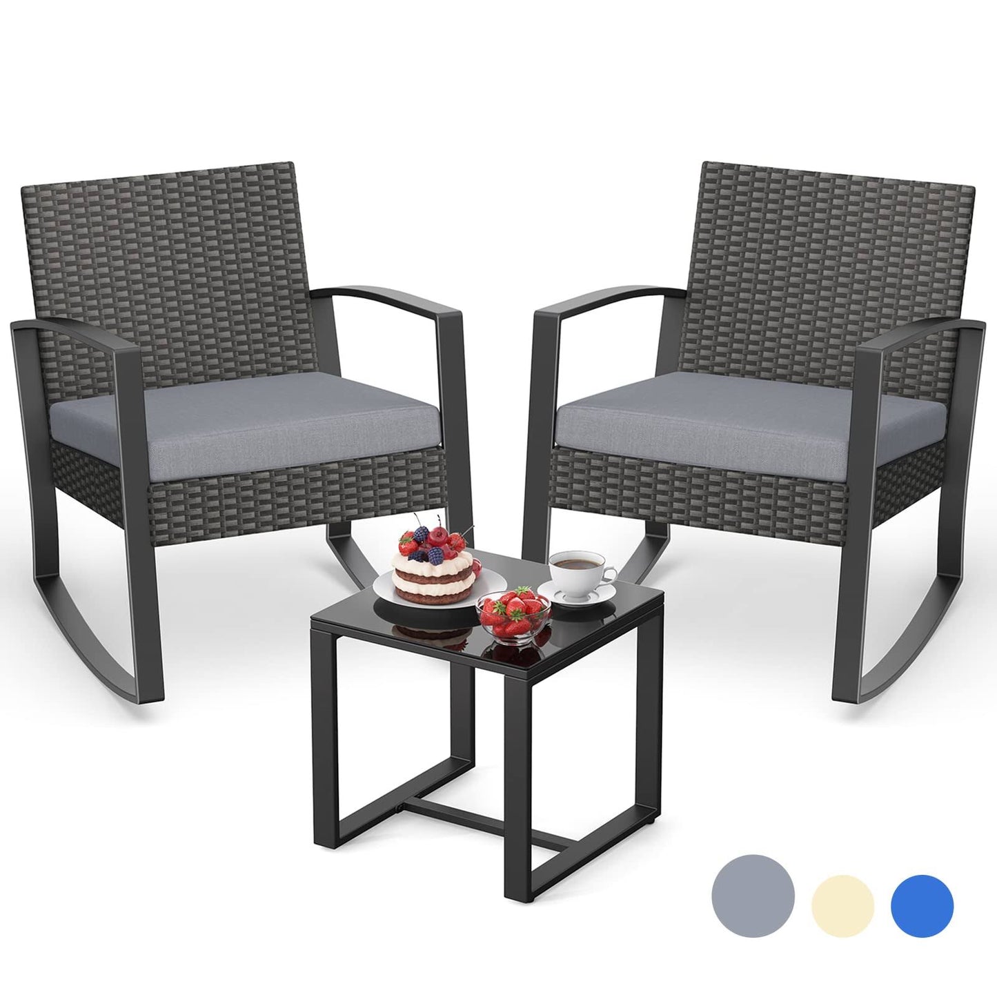 Aiho 3 Pieces Wicker Patio Set Outdoor Chair Set with Glass Table Rattan Chair Modern Bistro Set for Porches and Patios, Grey Cushion