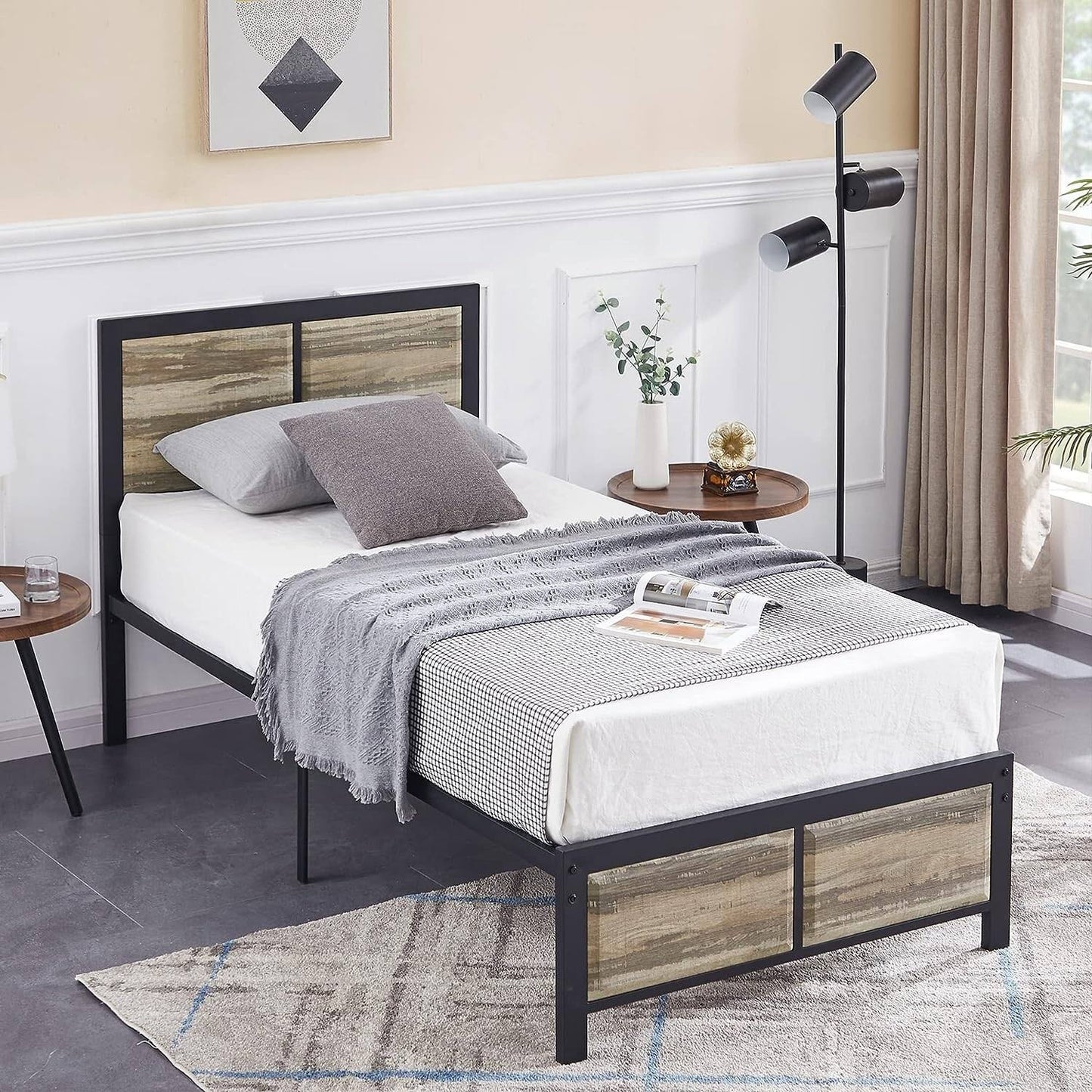 VECELO Platform Twin Bed Frame with Rustic Vintage Wood Headboard and Footboard, Mattress Foundation, Strong Metal Slats Support, No Box Spring