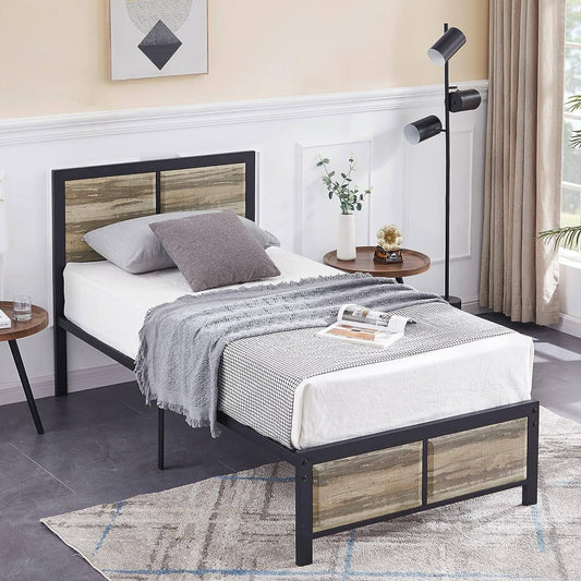 VECELO Platform Twin Bed Frame with Rustic Vintage Wood Headboard and Footboard, Mattress Foundation, Strong Metal Slats Support, No Box Spring