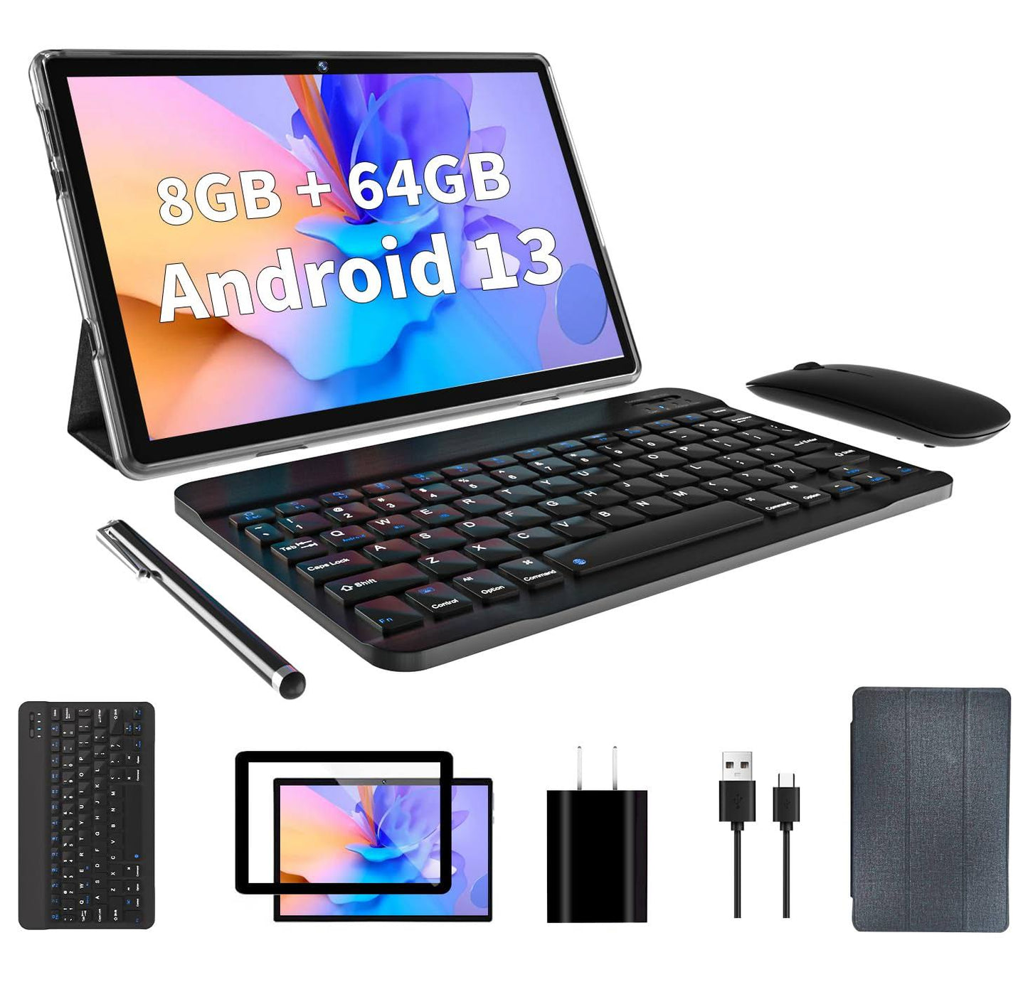 10 inch Android 13 Tablet, 8GB+64GB 1TB Expand, 2 in 1 Tablets with Keyboard, Case, Mouse, Stylus, 1280x800 IPS Touch Screen, 2.0GHz Quad-Core, WiFi