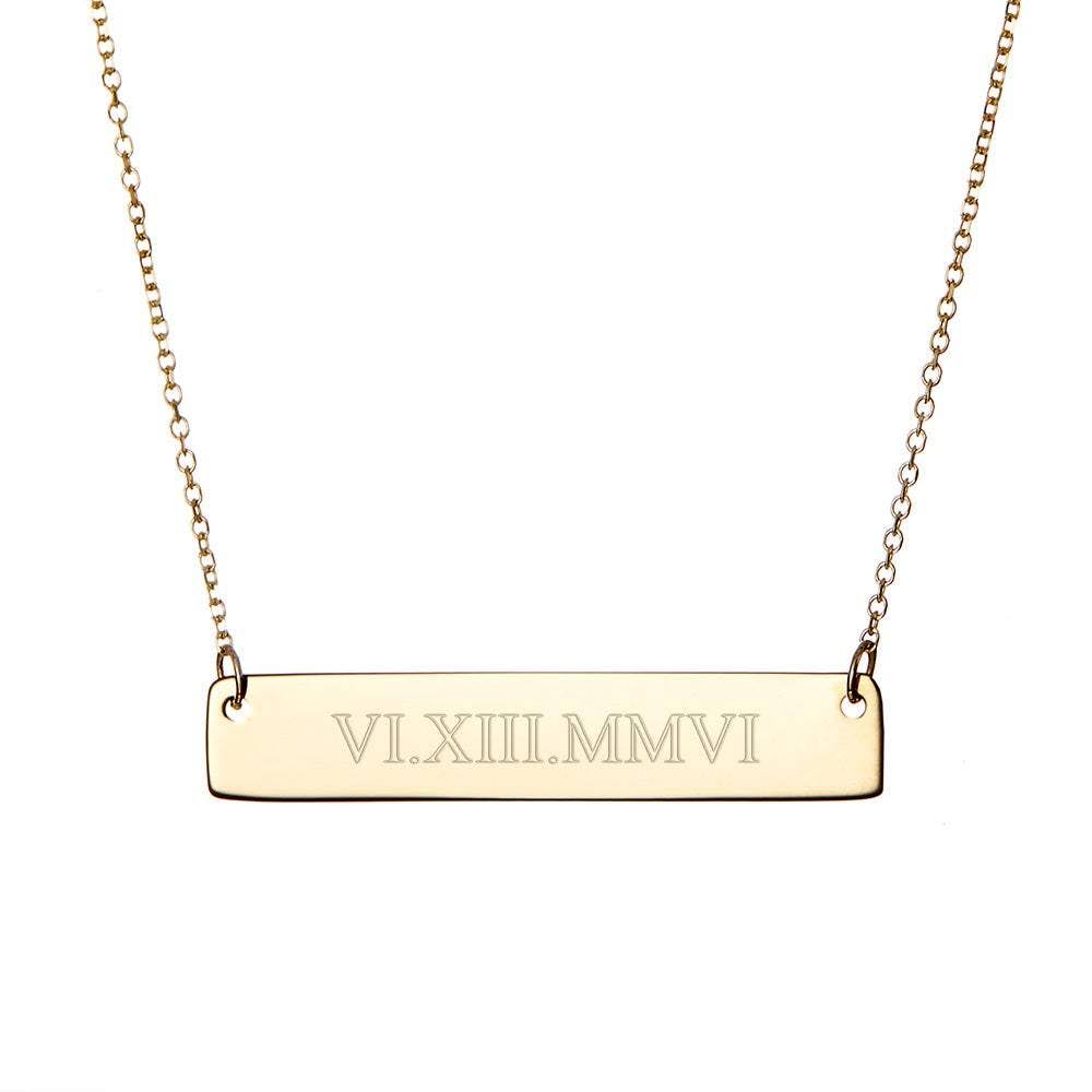 14K Gold Roman Numeral Bar Necklace Engravable Date Necklace