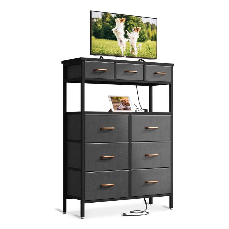 AODK TV Stand with Charging Station, Tall TV Stand with Wide Open Shelf, 9 Large Storage Drawers for Living Room, Dark Grey