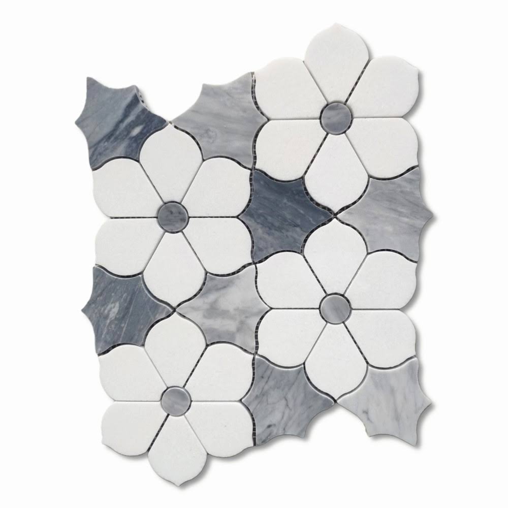 WaterJet Magnolia Flower Thassos & Gray Marble Mosaic Tile Honed