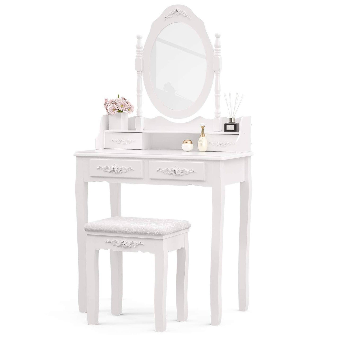 Alohappy Makeup Vanity Set with Mirror & Stool for Girls, Vanity Table and Cushioned Stool Set with 4 Drawers, Wood Dressing Table for Bedroom