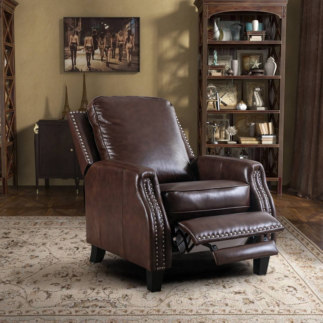 32 Wide Classic and Soft Top Genuine Leather Push Back Recliner with Nailhead Trim Red Barrel Studio