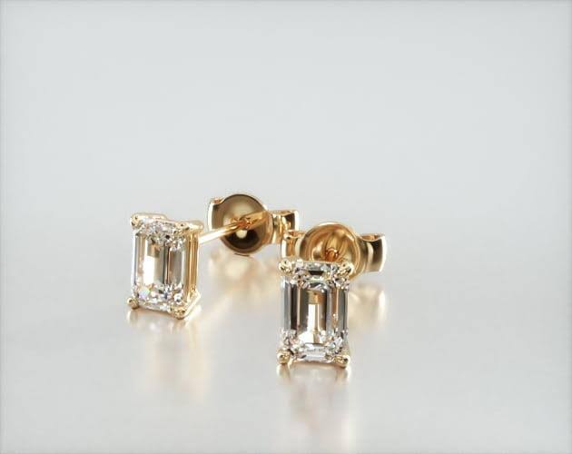 14K Yellow Gold Emerald Cut Diamond Stud Earrings