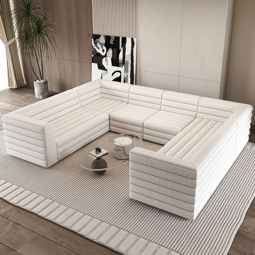 126 U-Shaped Modern Off White Boucle Modular Sectional Sofa for 8 Seaters