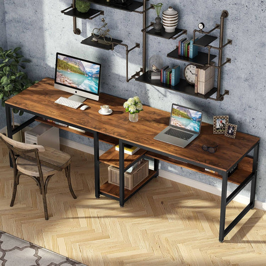 78.7 Two Person Desk with Bookshelf, Office Double Desk for Two Person - Grey