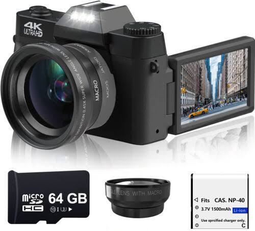 Acuvar 4K 48MP Digital Camera for Photography, Vlogging Camera for Youtube with 3 180 Flip Screen, Wifi, 16x Zoom, Rechargeable Battery, 64GB Micro SD