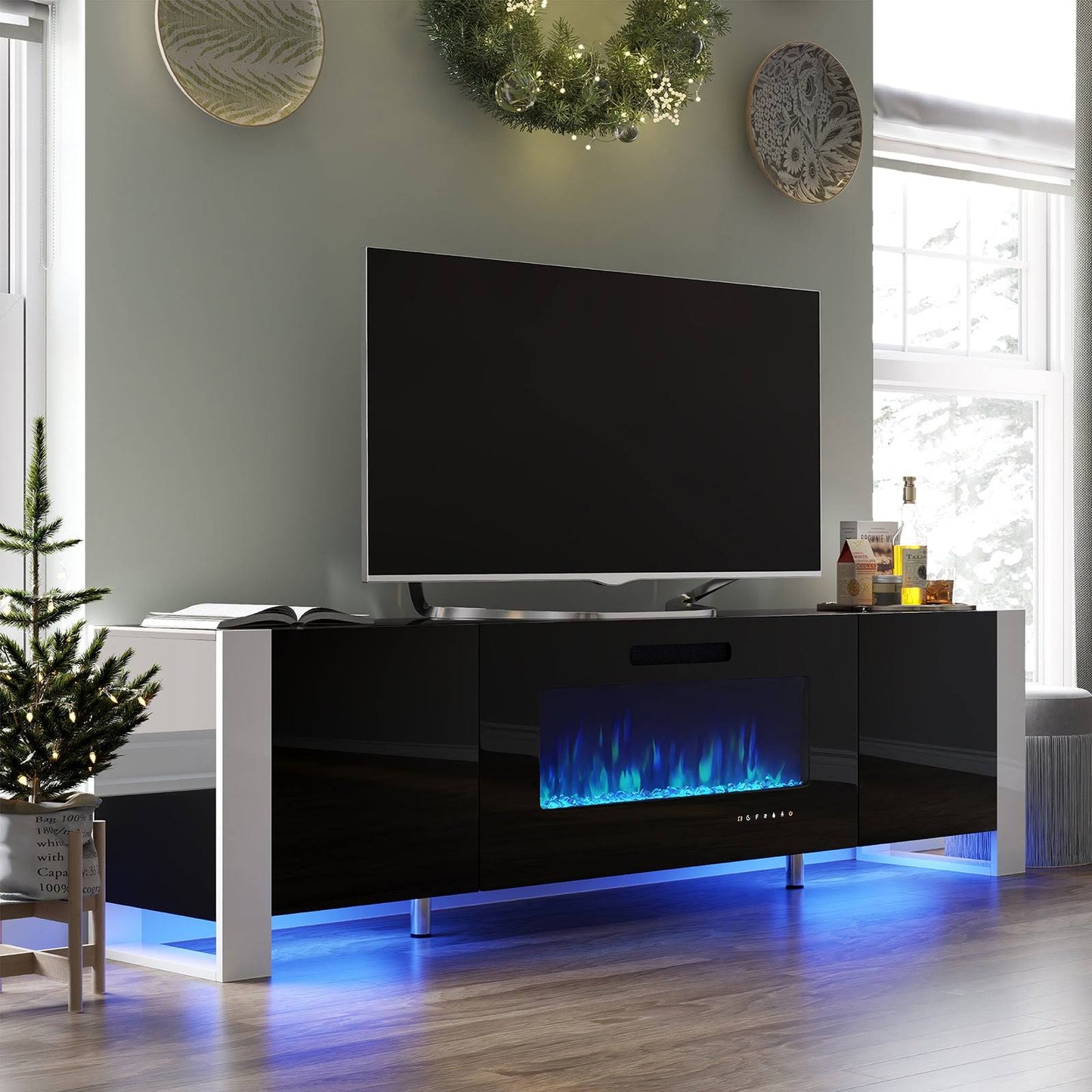 Amerlife Ion 70 Fireplace TV Stand High Gloss Entertainment Center with LED Lights & 36 Electric Fireplace, Black