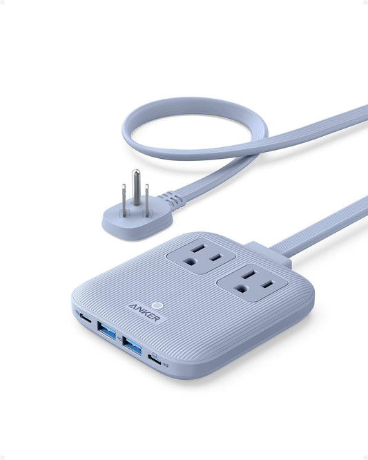 Anker Nano Charging Station, 6-in-1 USB C Power Strip 67W Max with Flat Plug and 5ft Thin Extension Cord, 2 AC, 2 USB A, 2 USB C, Works with iPhone.