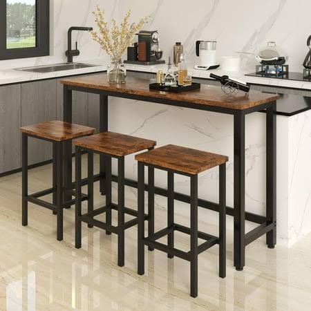 4 Pieces Dining Set, Extra Long Dining Table Set with 3 Stools, Kitchen Tables Set for Small Spaces, Contemporary Bar Table Set for Breakfast Nook,