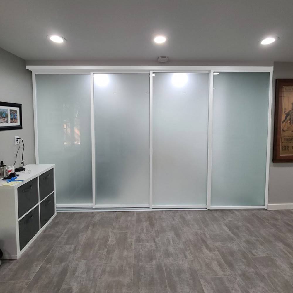 4 - Panel Frosted Glass Sliding Room Divider The Sliding Door Company Size: 96 x 96, Finish: White