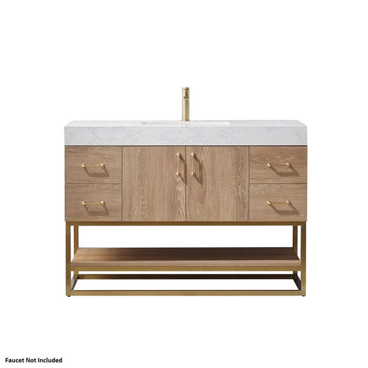 Vinnova Alistair 48 Single Vanity in North American Oak with White Grain Stone Countertop with Mirror