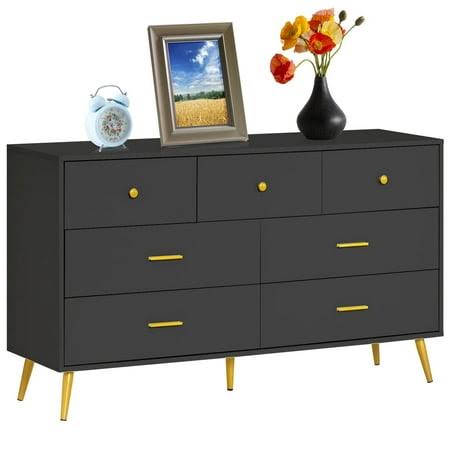 7 Drawers Dresser for Bedroom 55 inch Long Black Dresser Gold Legs