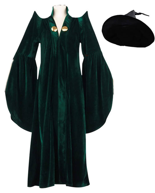 Women Professor McGonagall Costume Hat Green Witch Cosplay Robe Jumpsuits Girls Velvet Cloak Sorceress Halloween