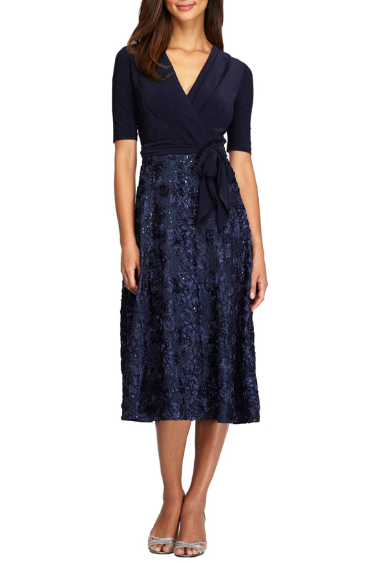 Alex Evenings Womens Tea Length Dress with Rosette Detail