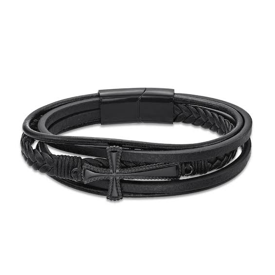 Zales Mens 14.0mm Leather Braided Stacked Cross Bracelet with Black IP Stainless Steel Clasp