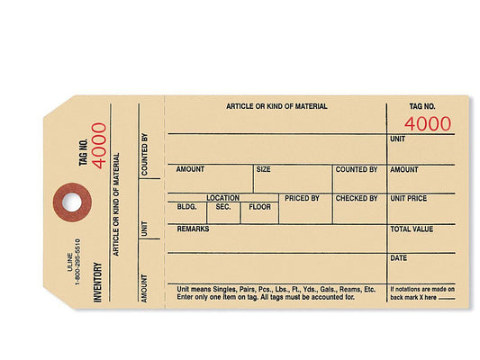 Uline 1-Part Stub Style Inventory Tags Plain #4000