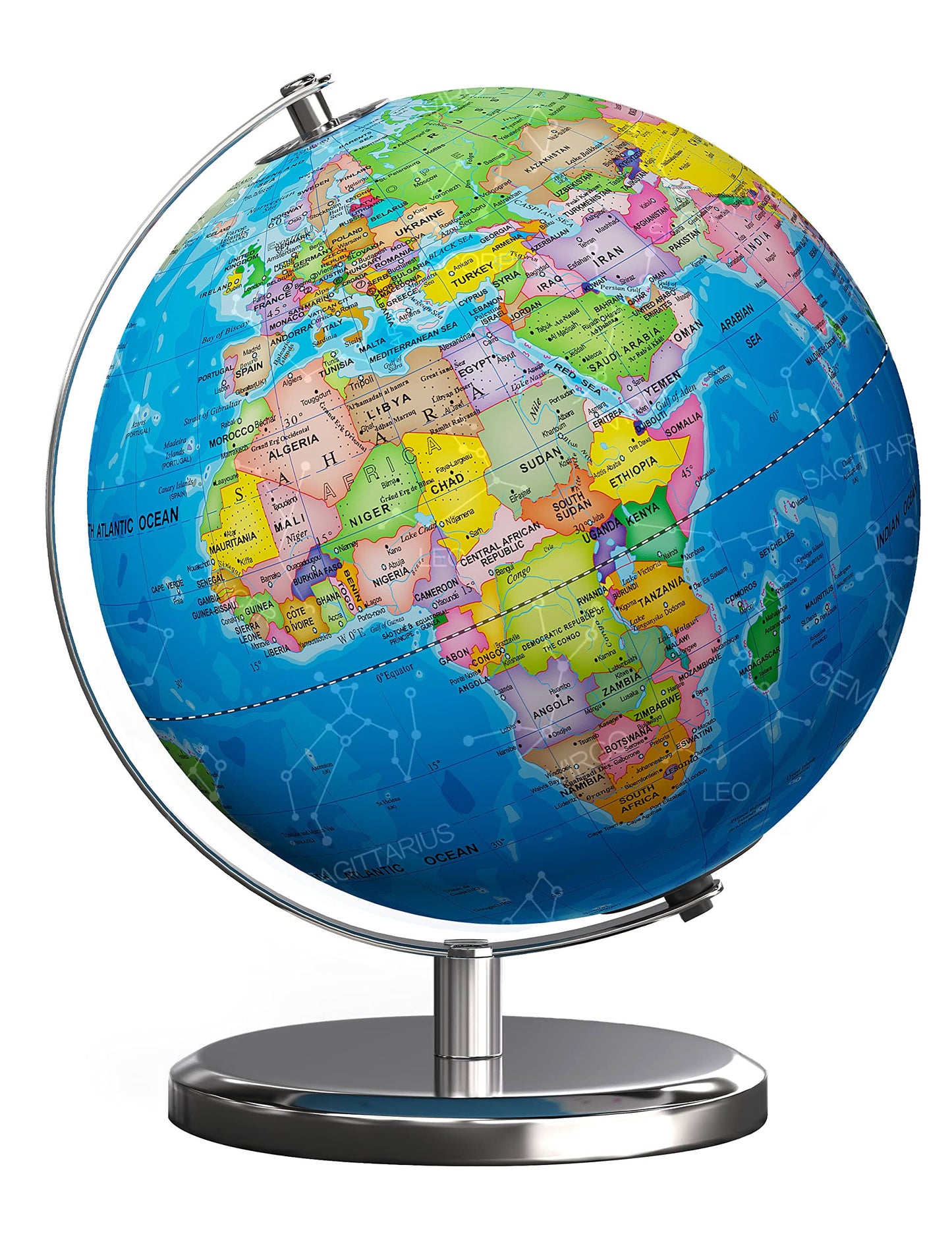 Waldauge Illuminated World Globe with Stand, 9 Earth Globes with Stable Heavy Metal Base for Kids Classroom Learning, LED Constellation Globe Night