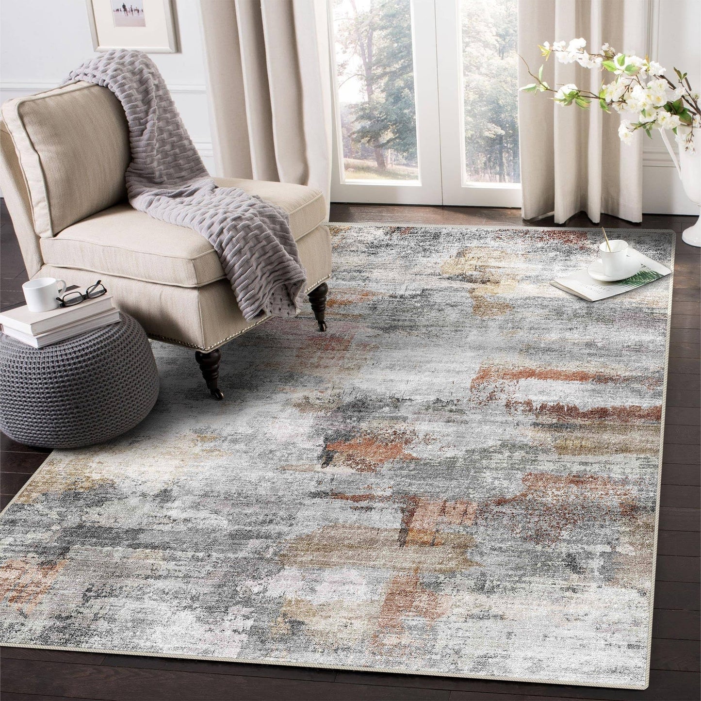 vivorug Washable Rug, Ultra Soft Area Rug 3x5, Non Slip Abstract Rug Foldable, Stain Resistant Rugs for Living Room Bedroom, Modern Fuzzy Rug (Gray/