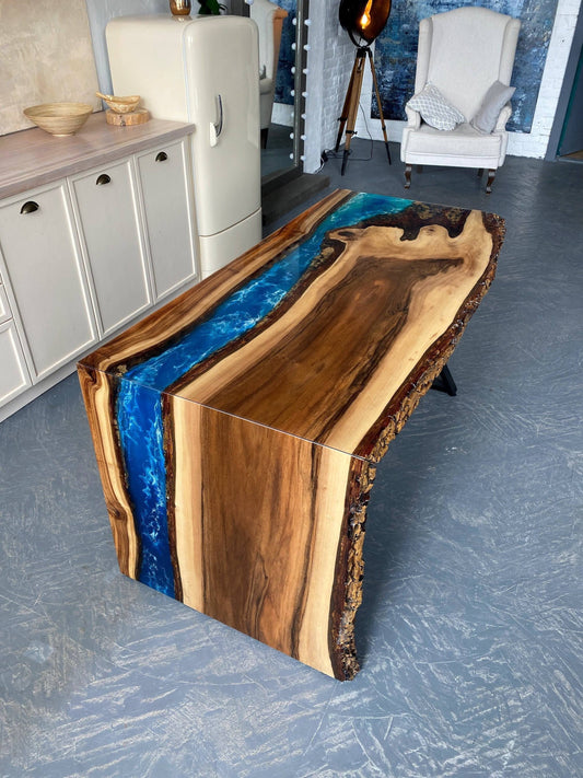 Waterfall Epoxy Table, Waterfall Table Dining, Waterfall Table Bar, Waterfall Blue River Epoxy Table, Epoxy Kitchen and Dining Table