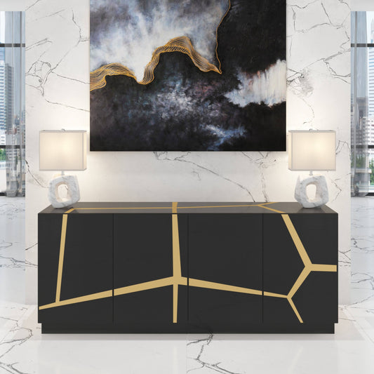 Zuri 78.7 Wide Modern Staton Buffet Glossy Black Lacquer with Champagne Gold Embellishments